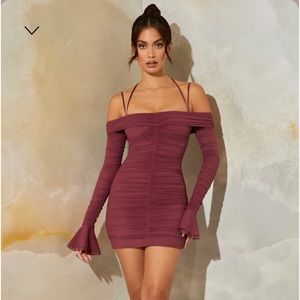 OhPolly Bardot Long sleeve ruched mini dress in dark mauve